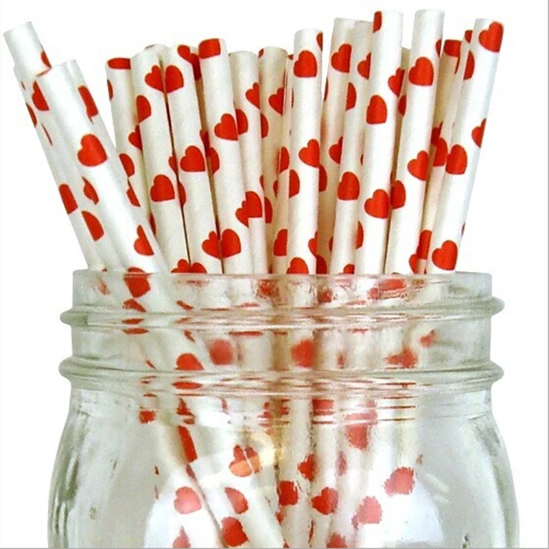25Pcs/bag Disposable Paper Drinking Straws Red Heart And Blue Dots Juice Birthday Wedding Party Event Supplies KO971518 | Дом и сад