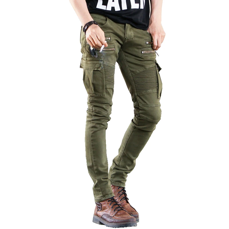

New Arrival High Quality Green Black Motorcycle Denim Biker jeans Men Skinny 2017 slim elastic jeans hiphop Washed 641