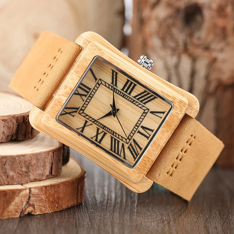 Rectangle Dial Wooden Watches for Men Natural Wood Bamboo Analog Display Genuine Leather Band Quartz Clocks Male Christmas Gifts 2020 2019 (50)
