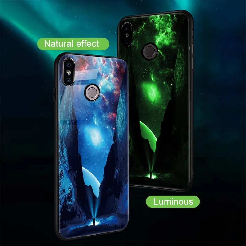 Luminous Glass Phone Case For Xiaomi Redmi 4X Note 5 6 Pro 6A Luxury Back Cover Case For Xiaomi Redmi 5 Plus Mi A1 A2 Lite