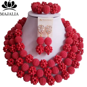 

Fashion Nigeria Wedding red african beads jewelry set Crystal Plastic pearl necklace Bridal Jewelry Sets Free shipping VV-164