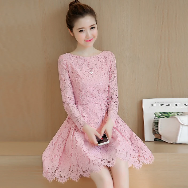 

Autumn Winter Hollow Out Black Sexy Lace Mini Dresses 2019 Korean Women Elegant Bodycon Pink Short Dress Party Yellow Vestidos