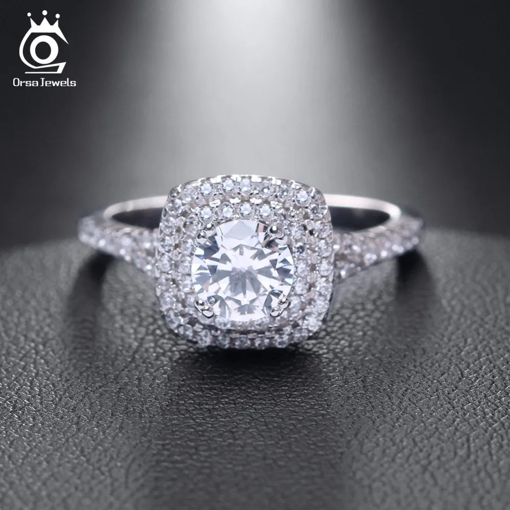 ORSA JEWELS Silver Color 0.85ct CZ Wedding Ring with Micro Paved 66pcs Austrian Cubic Zirconia Ring for Women Anniversary OR95