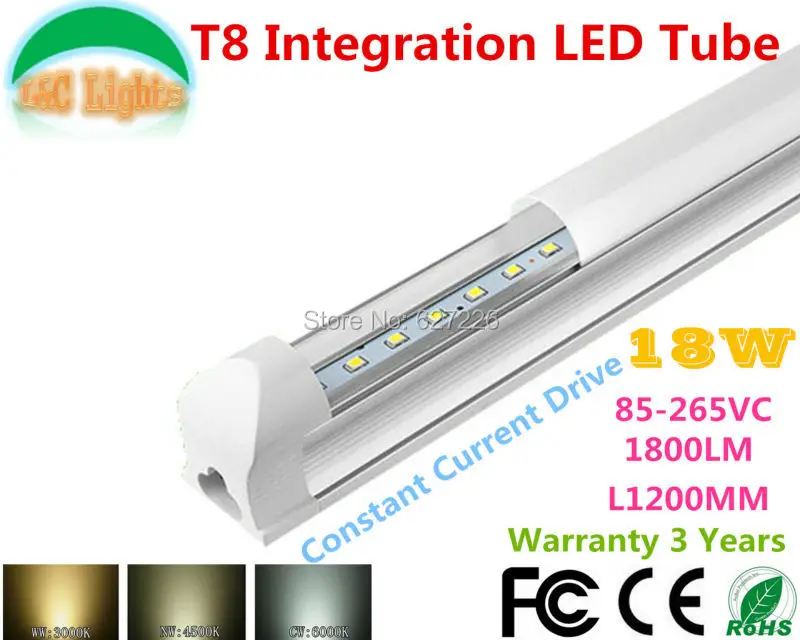 

1.2M 18W Ultra Bright T8 Integration LED Tube 90-260VAC CE RoHS supermarket lights Parking energy-saving lamps 10PCs a Lot