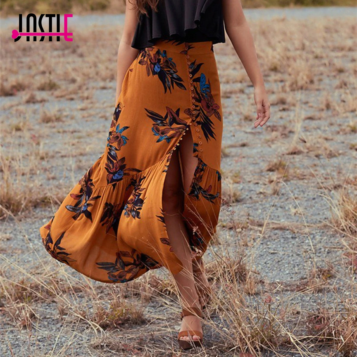 

Jastie 2019 Summer Skirts Womens Vintage Floral Print Long Skirt Gypsy Boho Chic Faldas Mujer Mermaid Hem Maxi Skirt Saia Longa