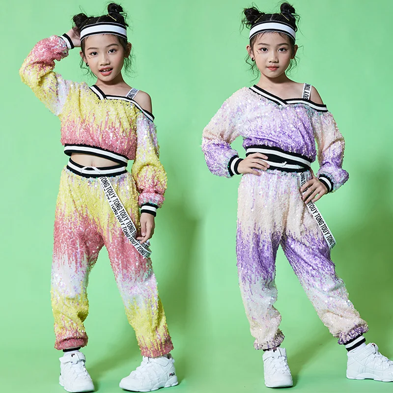

Jazz Dance Costumes Kids Sequin Hip Hop Performance Clothing Oblique Shoulder Design Street Dance Practice Stage Wear DL3045