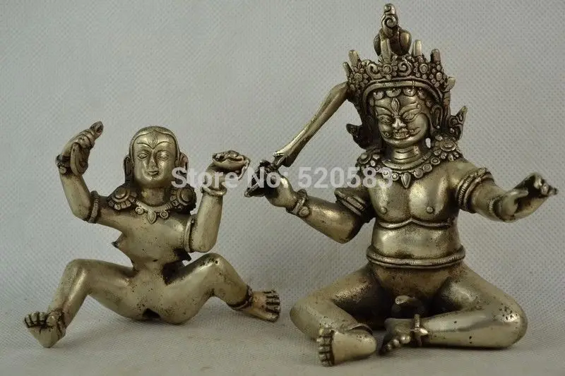 

free Collectibles Old Decorated Handwork Tibet Silver Carving MAKE LOVE Buddha Statue fast