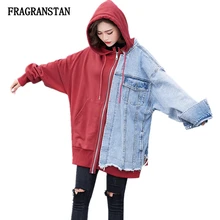 Женский осень-зима новые поддельные Двойка пальто с капюшоном Дамская мода Повседневное деним лоскутное хит Цвет Street Стиль Outwears jq217