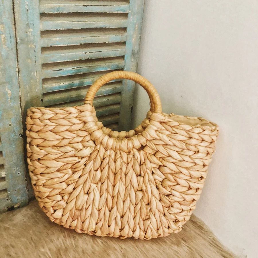 البوهيمي بالي باليد المنسوجة سترو حقيبة المرأة حقائب الصيف كيس الروطان شبه دائرية أعلى-حقائب بيد عالية قدرة الشاطئ الكتف