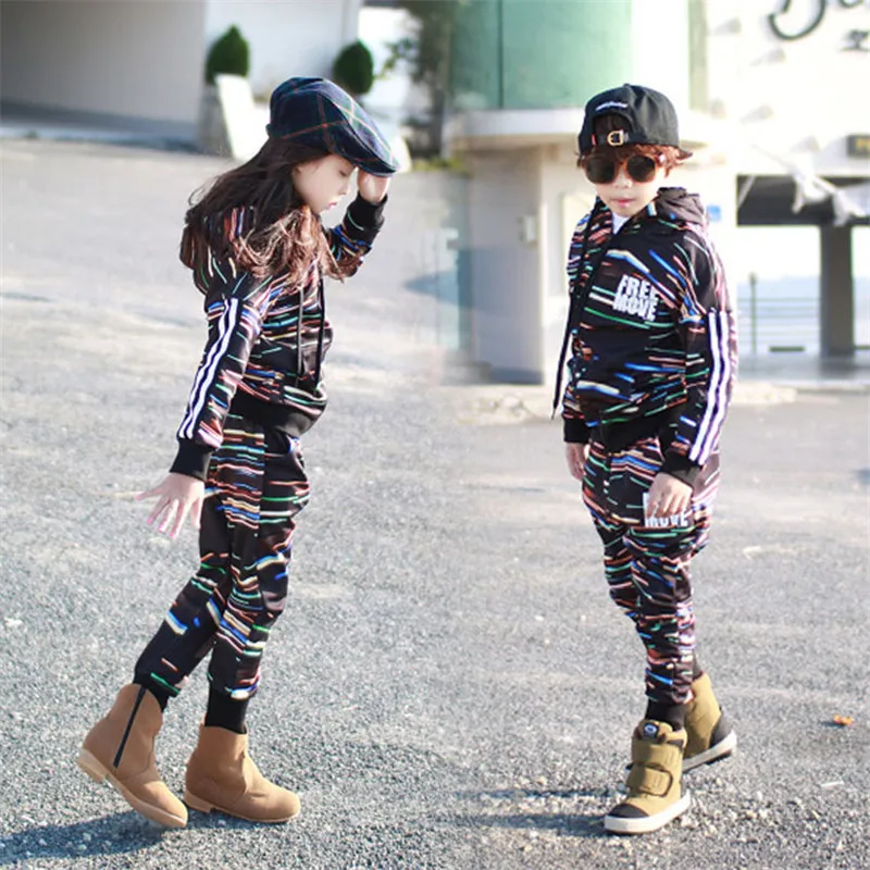 

Fashion Korean Kids Clothes Set Hip Hop Casual Striped Autumn Children`s Boys Girls Sport Suit Full Sleeve Size 4 6 8 10 12 14