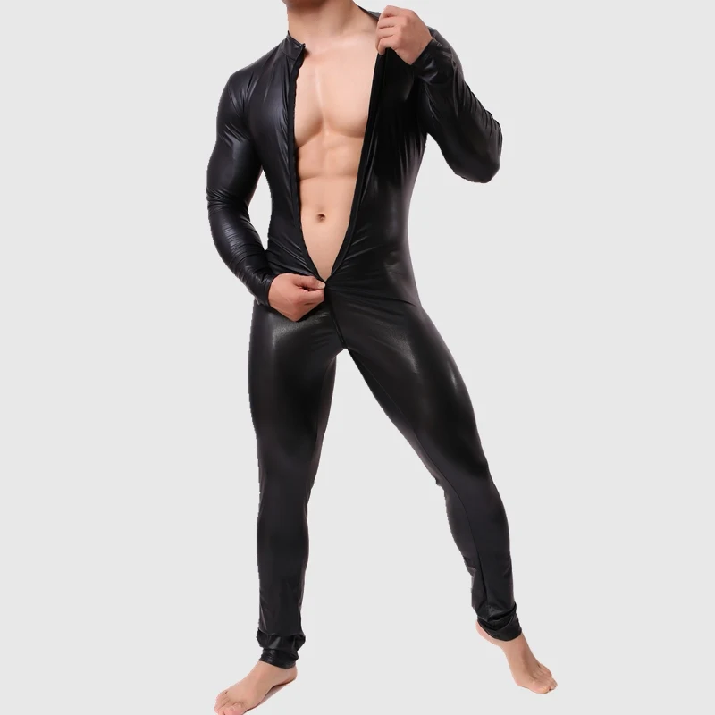 Новое крутое сексуальное мужское цельное обтягивающее нижнее белье на молнии костюм кожаный костюм для бодибилдинга Боди Мужская майка Одежда для геев - Цвет: Черный
