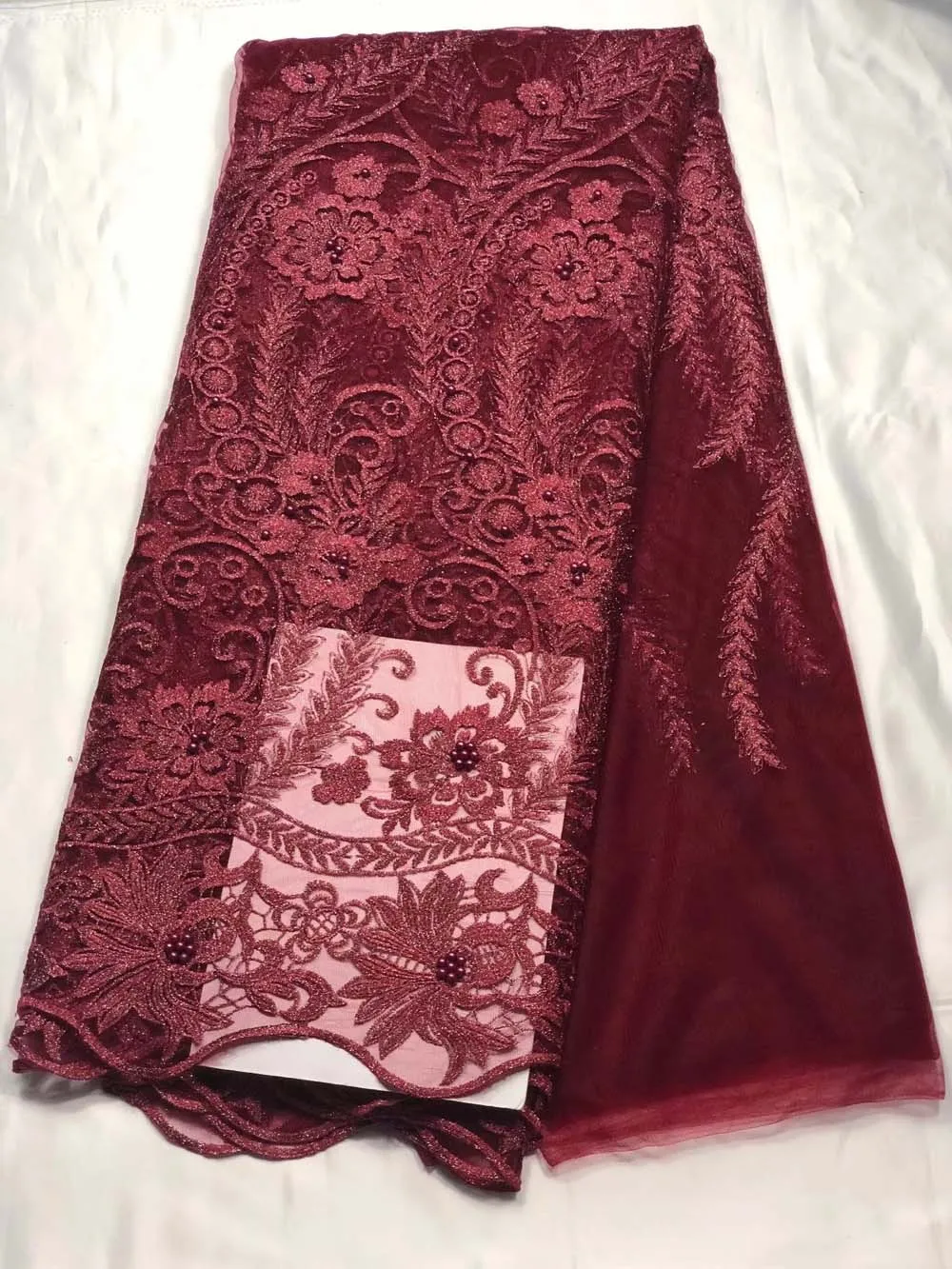 

High quality french lace fabric with beads african tulle fabric Wine red nigerian lace fabrics 2018 green wedding lace fabric