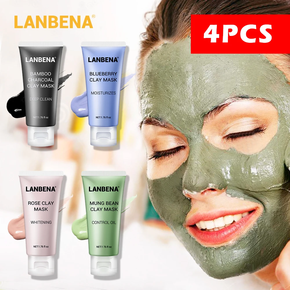 LANBENA Mung Bean Clay Face Mask+Bamboo Charcoal+Blueberry+Rose Deep Cleaning Remove Grease Ageless Shrinks Pores Skin Care 4PCS | Красота и