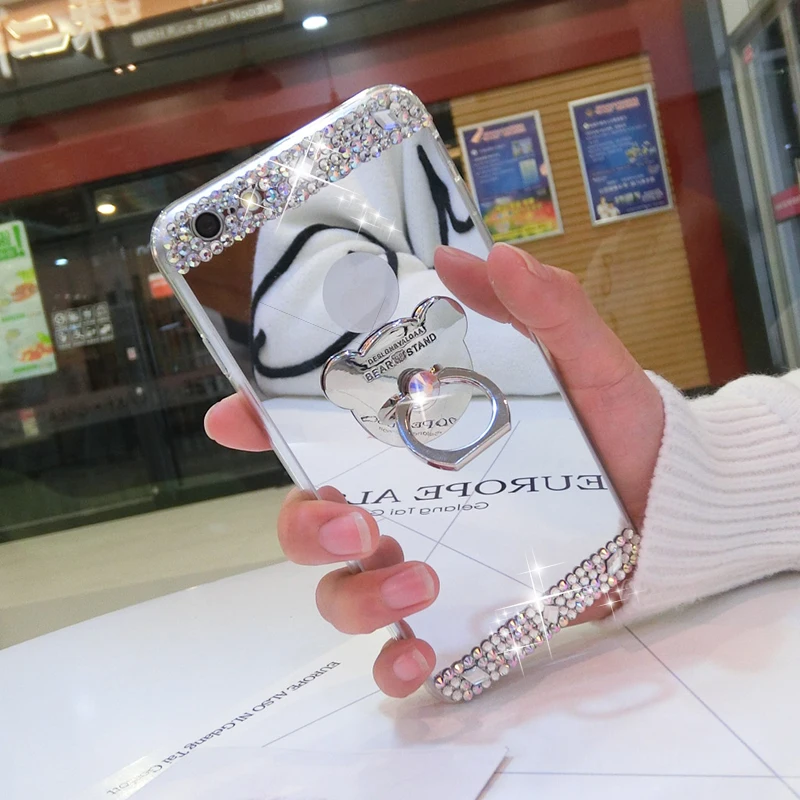 

For Samsung Galaxy S5 S6 Edge Plus S8 S7 A3 A5 A7 2015 2016 Grand Prime J1 J3 J5 2016 Case Bear Ring Cover Mirror Diamond Cases