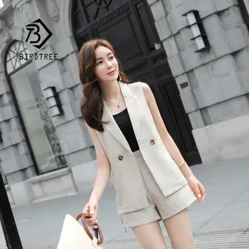 

2019 Summer Short Pant Suits 2 Piece Set Women 's Single Button Split Notched Vest Short Female High Waist Set Hot Sale S95509Z