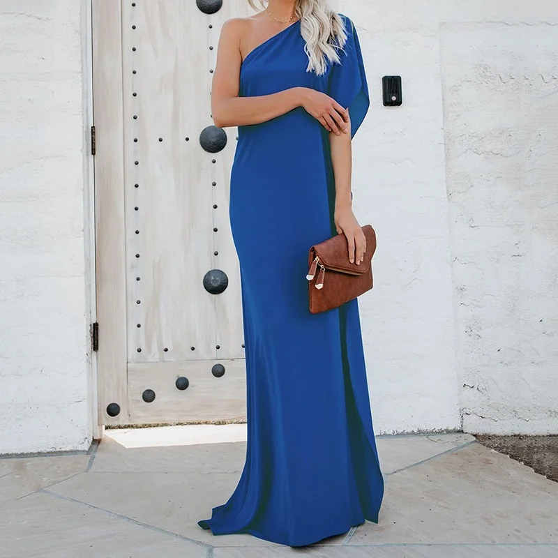 Женское летнее платье с оборками на одно плечо с коротким рукавом, свободное с Боковым Разрезом Длинное Платье-кафтан - Цвет: Синий