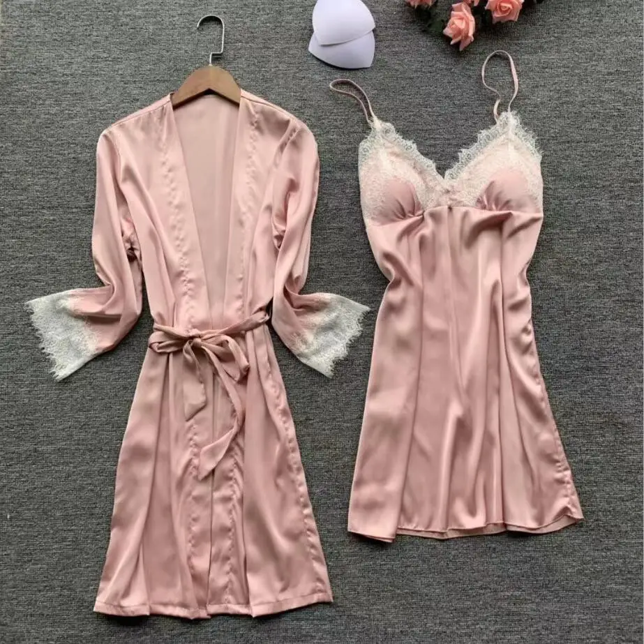 

Lace Satin Women Robe Gown Sets Sexy Sleepwear Lounge Robe Sets Long Sleeve Nightwear Bathrobe Night Dress With Chest Pads 980
