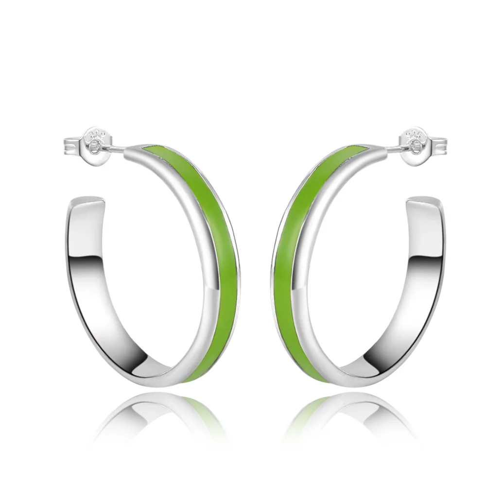 Green Enamel Painting Women's Hoop Earrings Medium Size in 925 Sterling