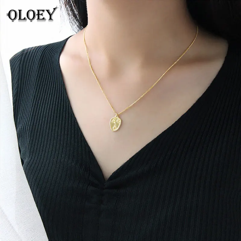

OLOEY Pure 925 Sterling Sliver Face Pendant Necklace Minimalist Coin Disc Choker Necklaces Chic Chain Fine Jewelry Gifts YMN108