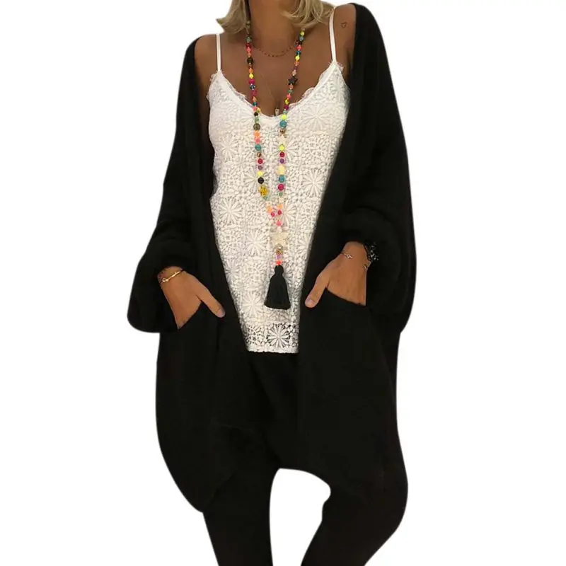 

Casual Warm Sweater Loose V Neck Overcoat Cardigans Women Long Sleeved Fashion Cardigans With Pockets