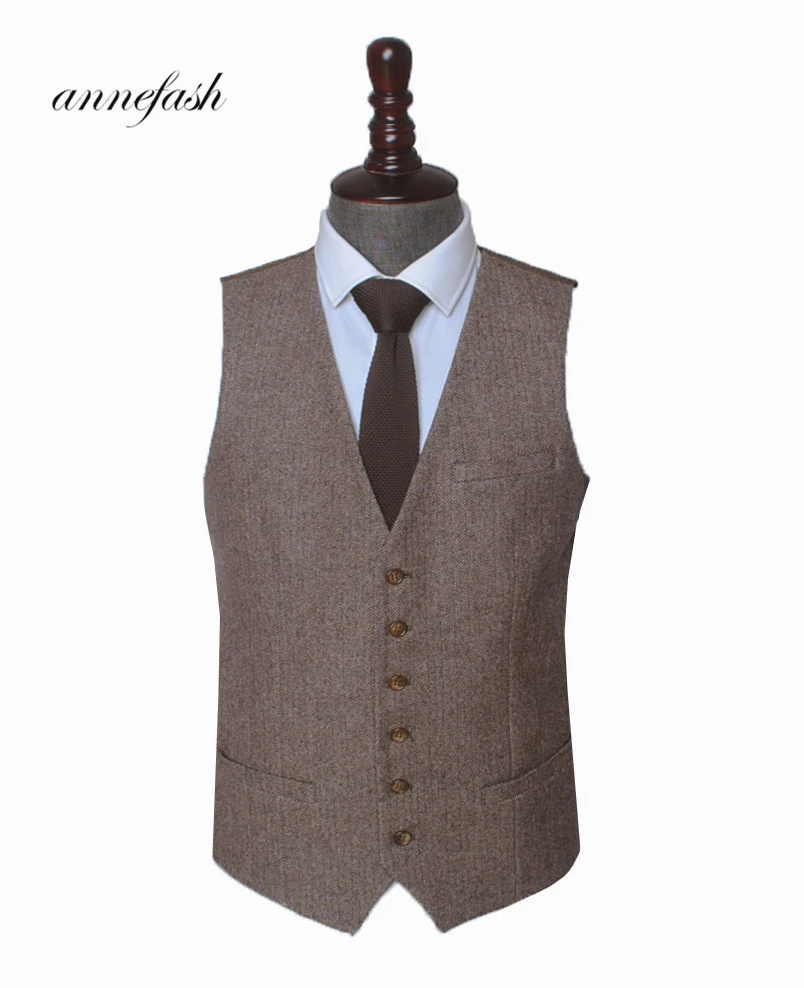

Сделанный на заказ шерстяной ретро коричневый твидовый в елочку в британском стиле мужской свадебный жилет + темно-серый цвет