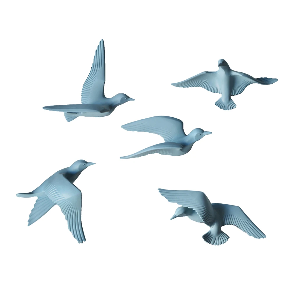 5pcs Nautical Resin 3D Birds Wall Art Murals Flying Seagull Sculpture Bedroom Wall Stickers DIY Home Hotel Decor Blue