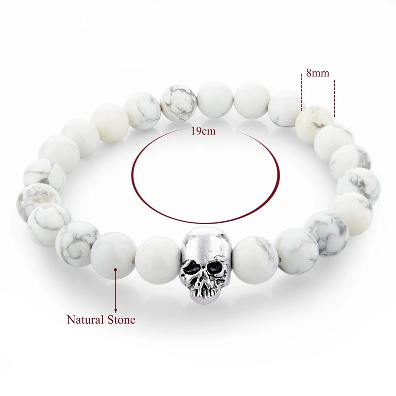LongWay ручной работы Шарм белый натуральный камень браслеты для женщин и мужчин череп серебряного цвета браслеты ювелирные изделия SBR150265
