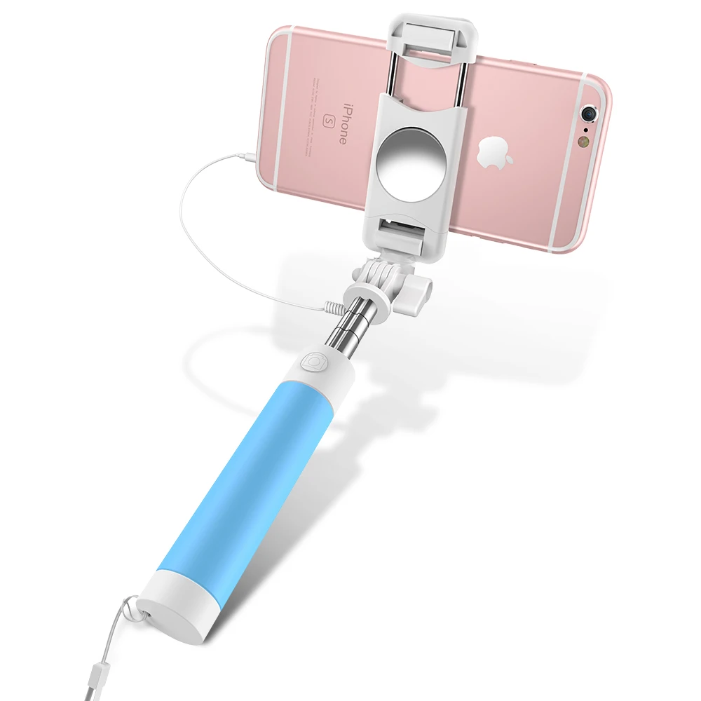 Blue Мини селфи палка для iPhone samsung huawei Xiaomi Мобильный телефон 3,5 мм AUX Универсальный складной штатив-зеркало проводной монопод для селфи - Цвет: Blue