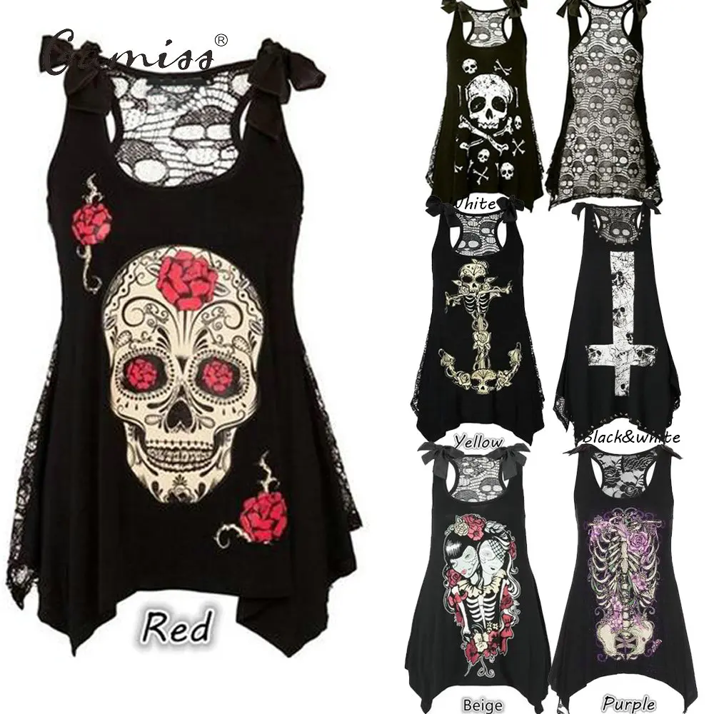 

Lortalen 2019 3D Skull Printed Black Top Sleeveless Lace Hollow Out Casual Tops Female Rock Punk Style Skull Print Women Tshirts