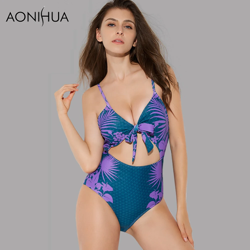 

AONIHUA 2018 New Design Summer exposed belly Swimwear female One Piece Swimsuits Women Push up High waist Bathing Suit 2169