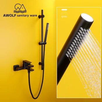 

Black Color Luxury Bathtub Faucet Sliding bar Shower Set Wall Mounted Wall Mixer Tap System For Bathroom Shower Head AH3011