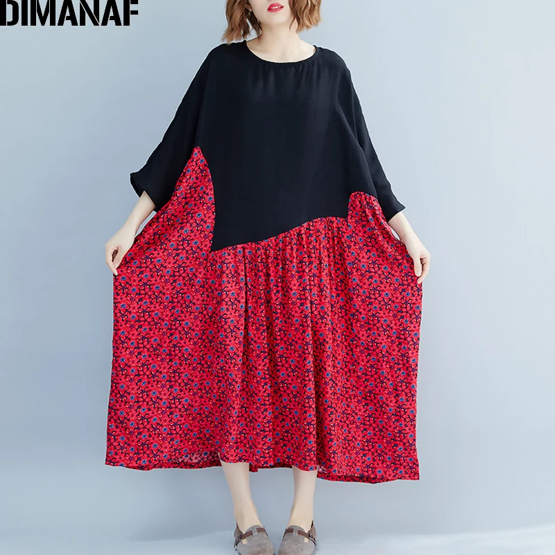 DIMANAF, женское платье большого размера, винтажное, женское, Vestido, летний сарафан, большой размер, хлопок, с принтом, сплайсированное, свободное, женское платье, 5XL 6XL