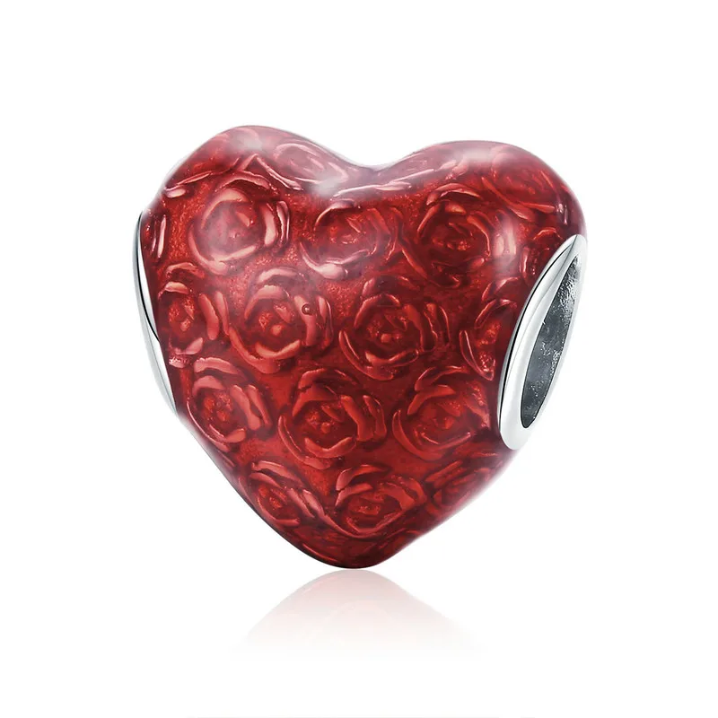 

ABAY Valentines 925 Sterling Silver Red Rose Flower in Heart Shape Charms Beads fit Original Pandora Bracelet Beads Jewelry