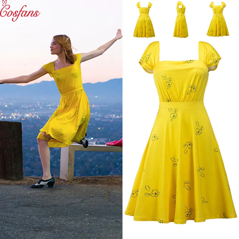 

2019 La La Land Emma Stone Mia Cosplay Yellow Elegant Ladies Beauty Women Long Party Dresses Summer Style Women Dresses Costumes