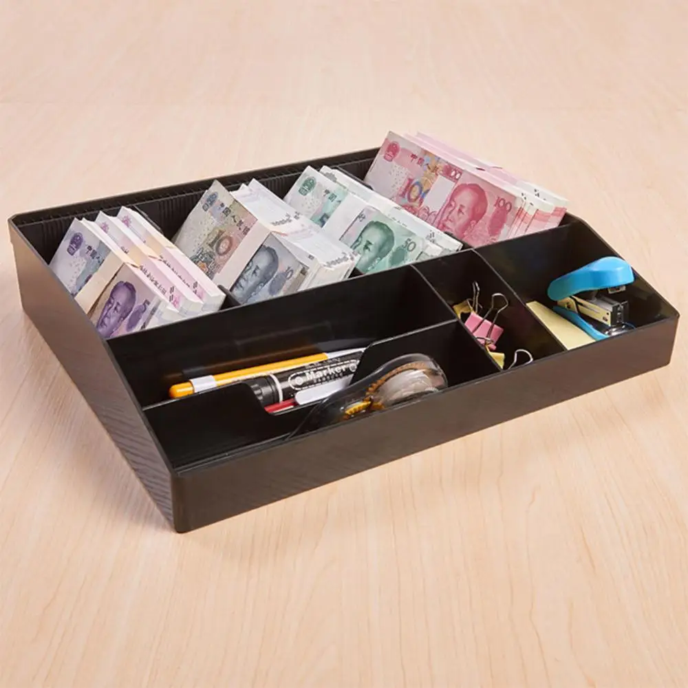 

8 Grids Height Increase Black Plastic Coin Money Storage Box Bill Cash Tray Organizer With 4 Removable Clips