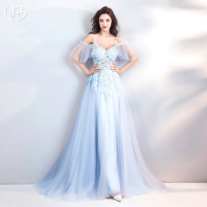 

Light Blue A-line Sweetheart Tulle Lace Beading Appliques Elegant Evening Dresses Bride Banquet Party Prom Dress XK248