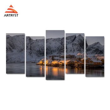 

Modern home decoration 5 panel modular landscape canvas art winter village mountain picture HD print on canvas for living room