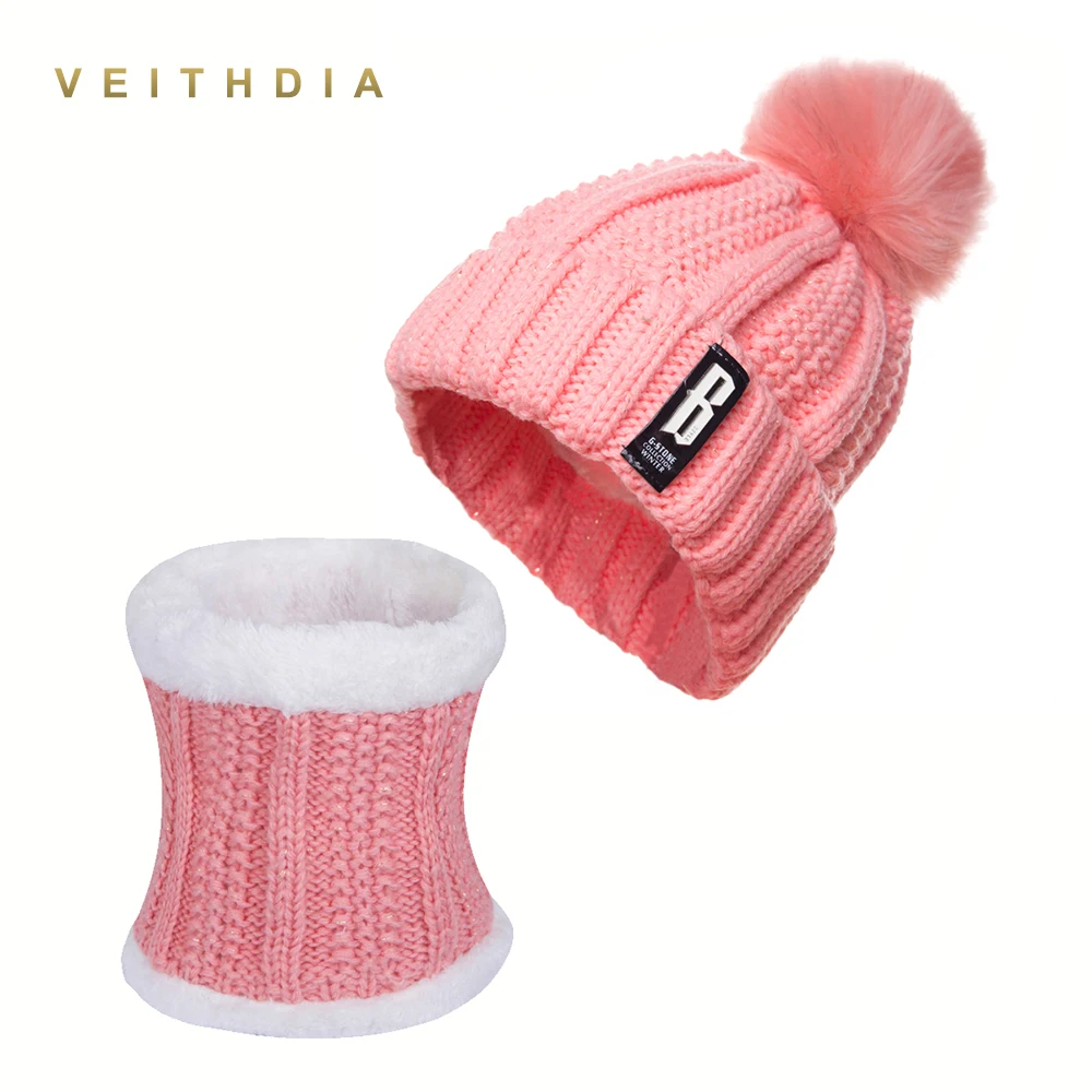 VEITHDIA, новинка, зимняя шапка и шарф с помпонами, женские модные одноцветные теплые шапки, вязанные шапочки, брендовая Толстая Женская шапка