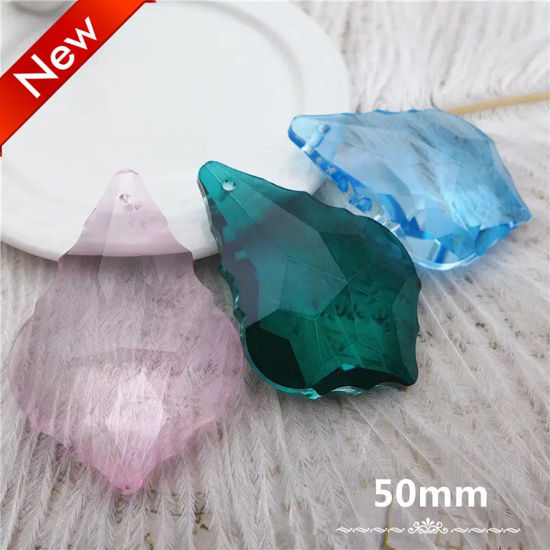 

50mm chandelier drops maple leaf facted prism crystal pendants glass lamp parts clear plated lake blue pink green leaves 10pcs