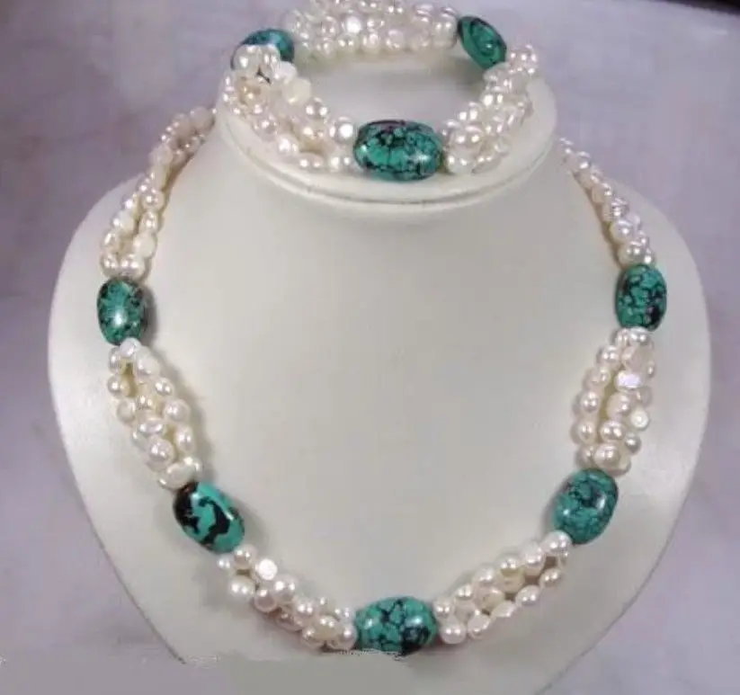 

FREE SHIPPINGSet white FW pearl nature turquoise necklace bracelet (A0423)