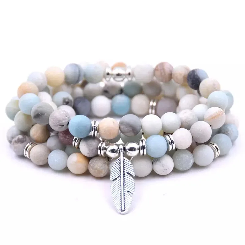 

Popular 8mm Frosted matte Amazonite bracelet 108 Prayer beads wrist Man 108 Matte Amazonite Leaf Charms Mala Bracelet
