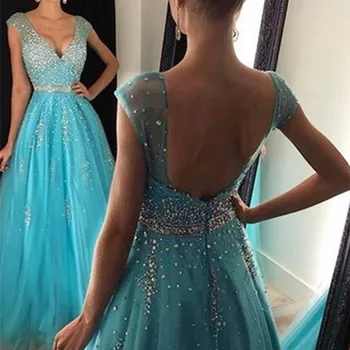 

Special Desgin Evening Dress Vestido De Festa robe de soiree Crystals Evening Dresses A Line V Neck Long Evening Gowns Woman