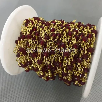 

3x4mm Pure Gold Color Faceted Rondelle Beads Copper, Clear Red Glass Crystal Rosary Chain RC4764