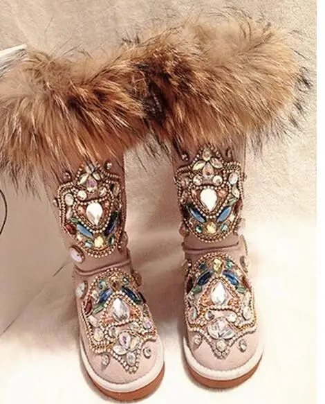 

Bling Bling Crystal Embellished Winter Snow Boots Round Toe Slip-on Women Mid-calf Boots Fox Hair Flat Shoes Women Free Shipping