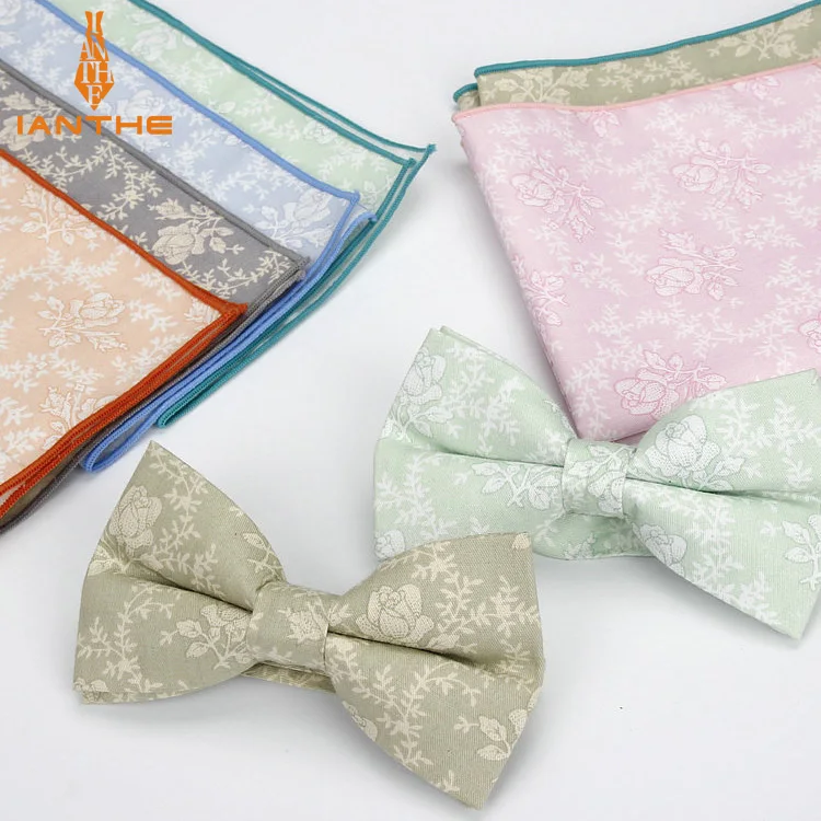 

New 2 PCS Men's Cotton Adjustable Suit Flower Print Bow Tie Sets Bowtie Handkerchief Pocket Square Set Wedding Party Butterfly