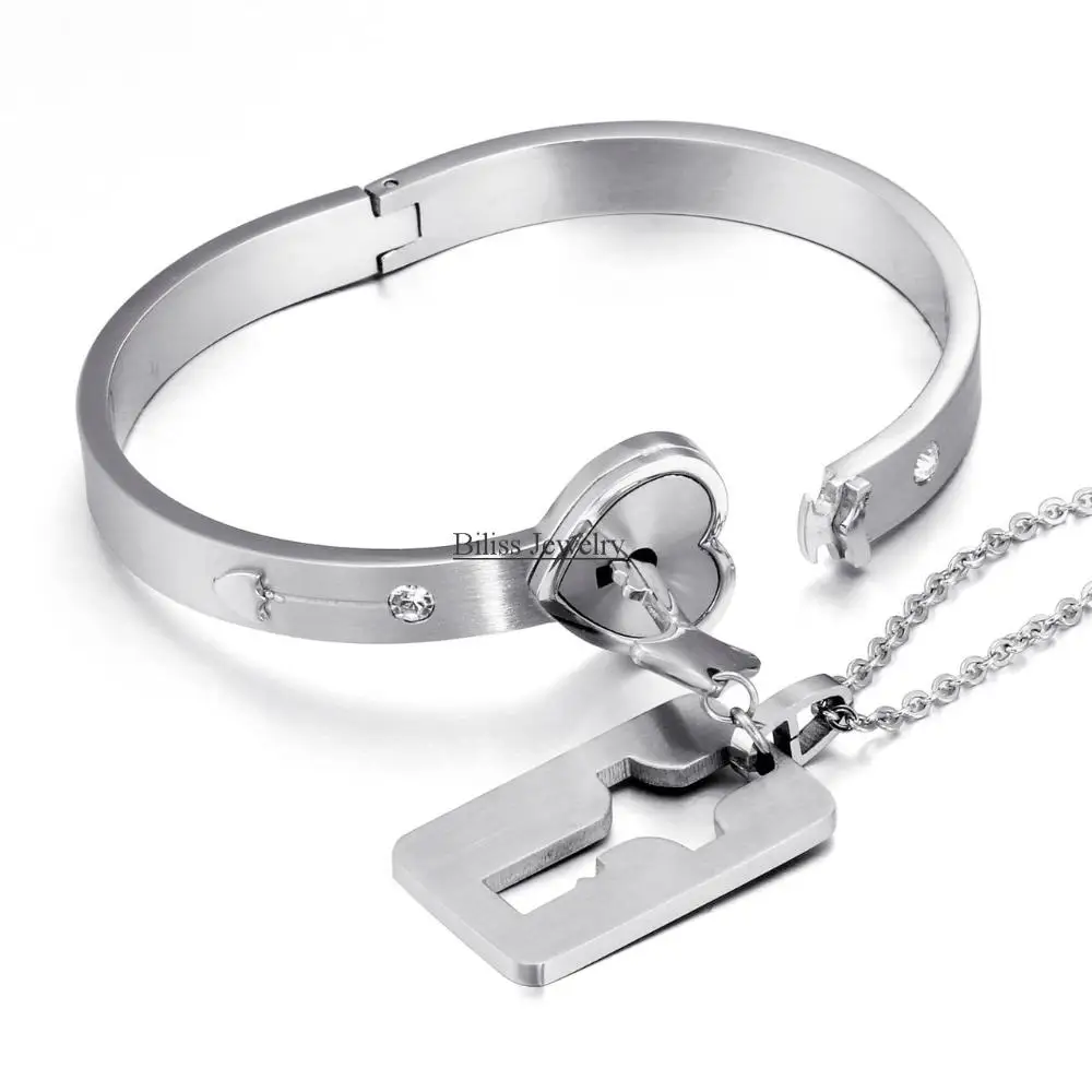 Boniskiss Necklace Bracelet Fashion Silver Heart Lock Boniskiss Necklace Bracelet Fashion Silver Heart Lock Stainless Steel Key Pendant Anium Jewelry Sets In From