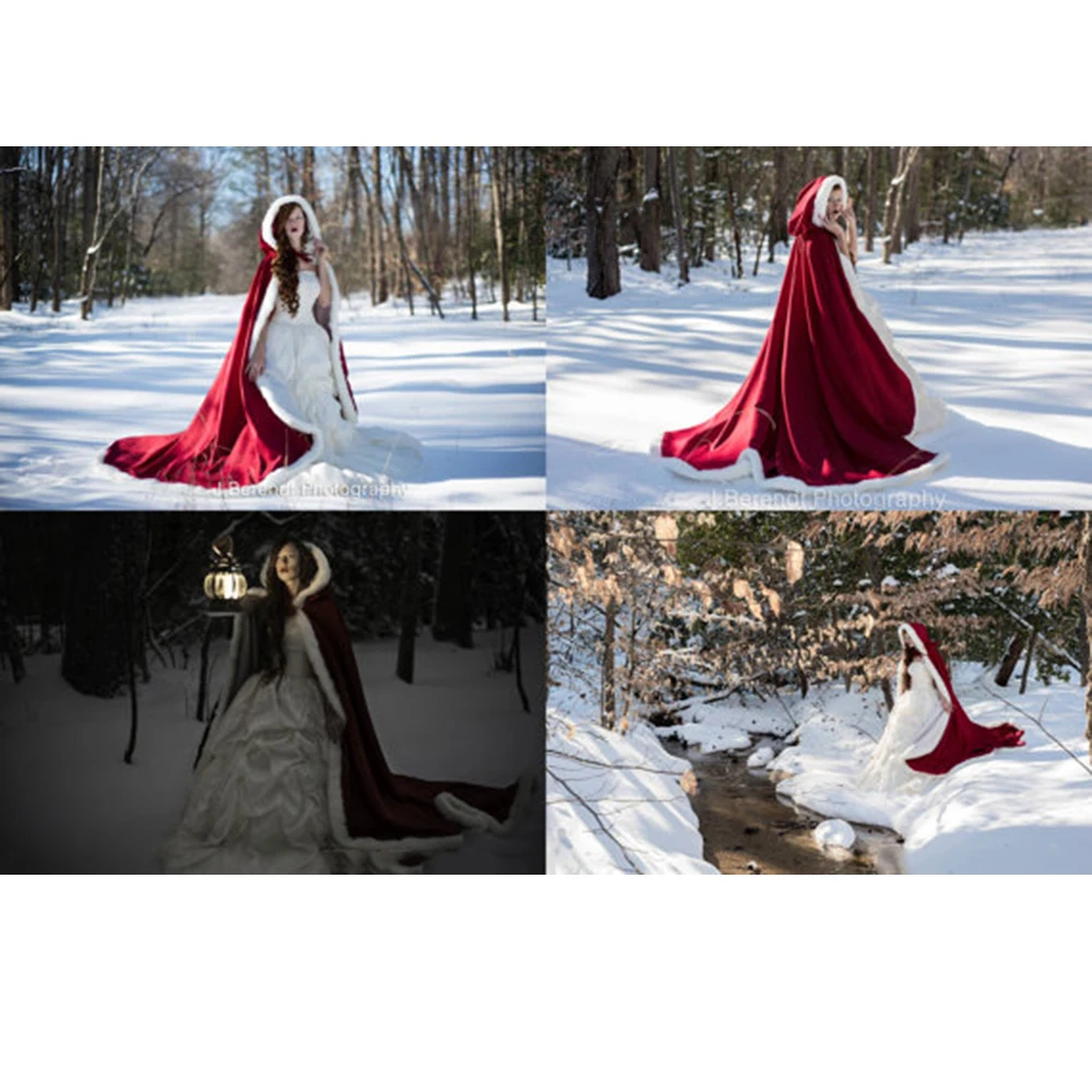 Fur Trim Christmas Red Bridal Cape Wedding Cloak Wrap Stole Winter