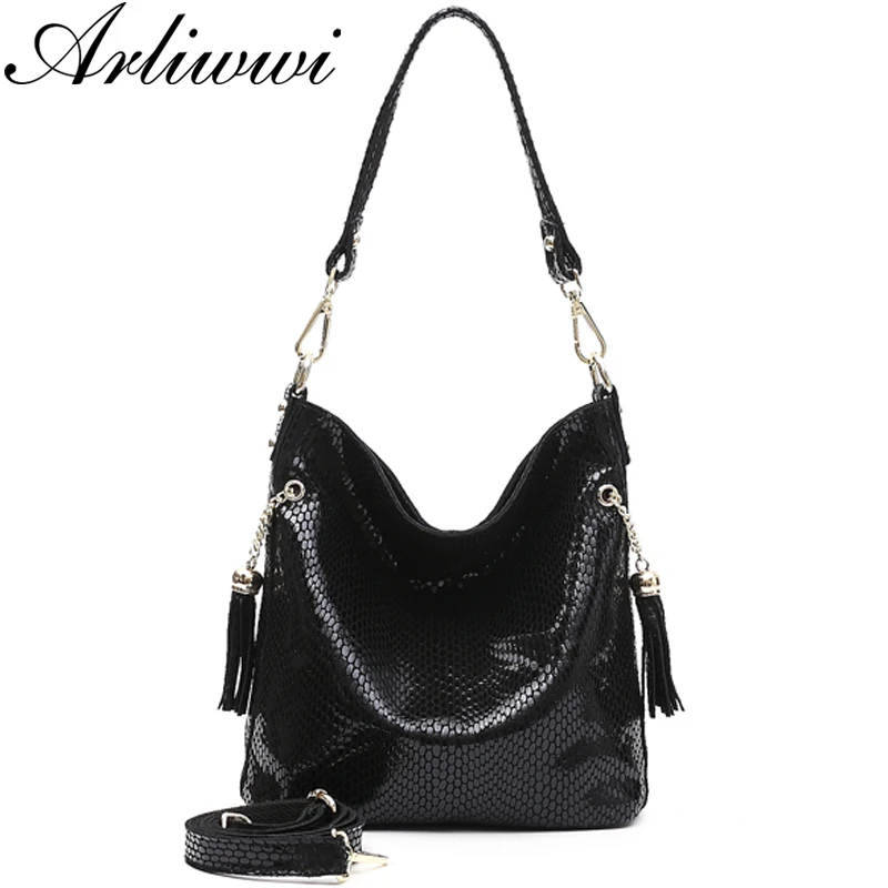  Arliwwi Brand Designer New Real Leather Shiny Snake Pattern Embossed Female Shoulder Bags High Qual - 32822208560