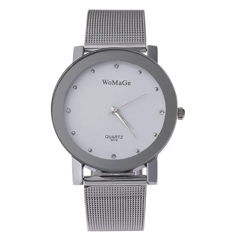 Мода Womage парень девушка пара любителей Reloj Mujer; брендовые Роскошные сетки из нержавеющей стали часы кварцевые женщины Relogio Feminino