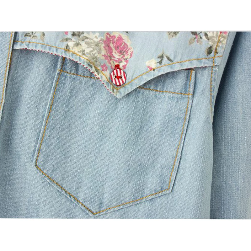Autumn Denim Blouse Plus Size 4XL Women Loose Tops Flower Print Patchwork Jeans Blouses Long Sleeve Vintage Shirts Blusas AB327 5